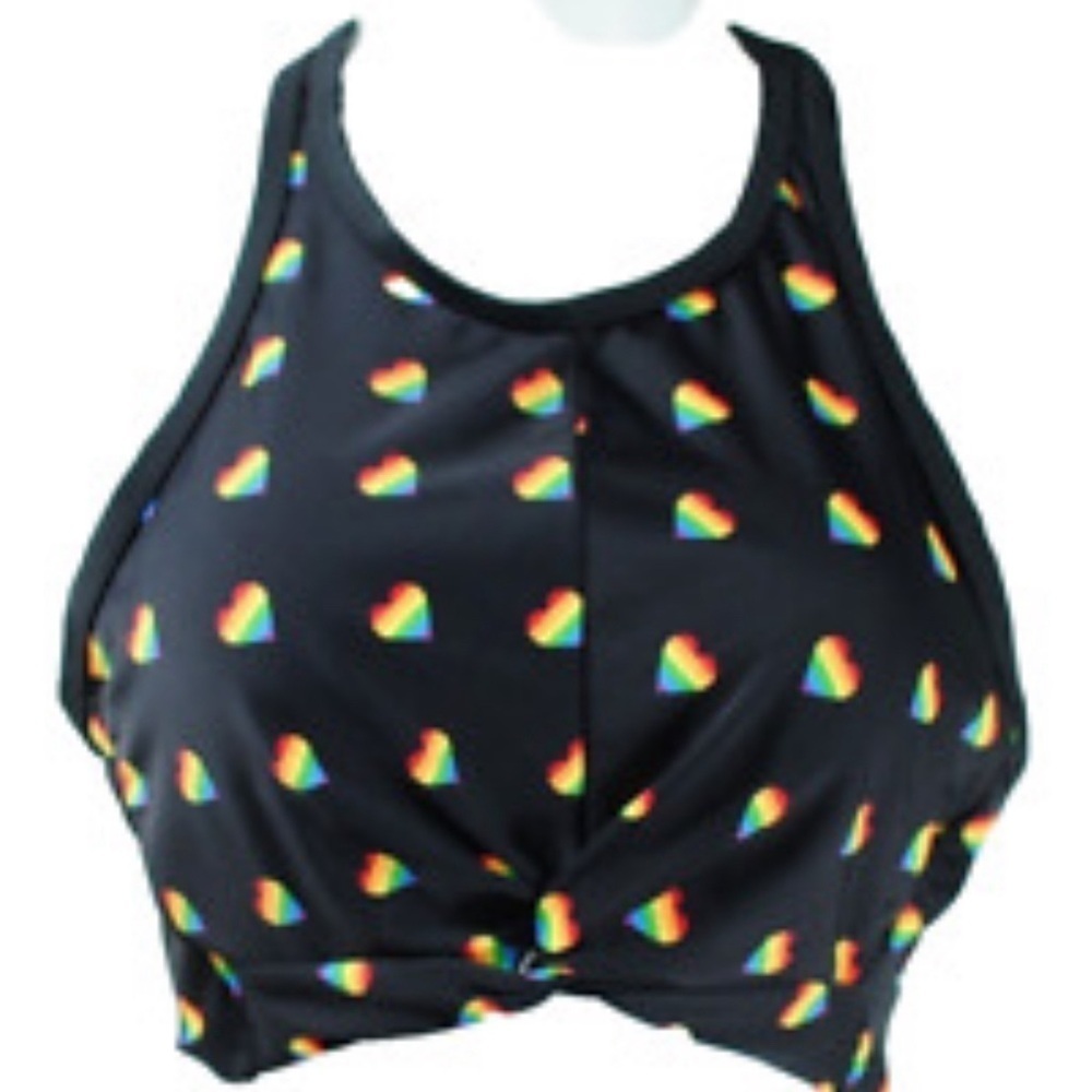 Sirena Brand Black Bikini/Tankini Top with rainbow Hearts High Neck Size 2XL